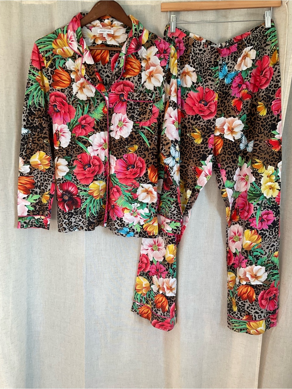 Johnny Was Floral Leopard Print Pajama Set M Pima Cotton Modal Lounge Sleepwear